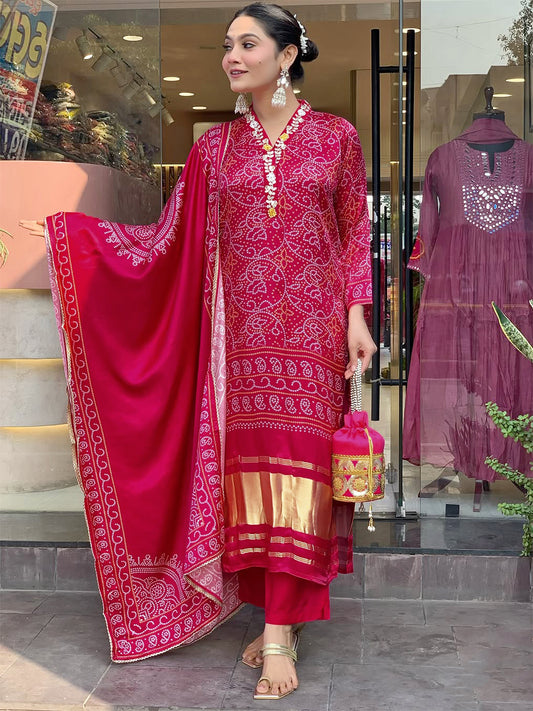 Pink Bandhani Print Readymade Salwar Suit
