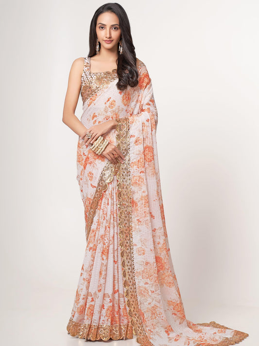 White Organza Floral Digital Printed Saree