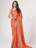 Orange Floral Digital Printed Organza Saree