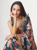 Blue Organza Zari Embroidered Printed Saree