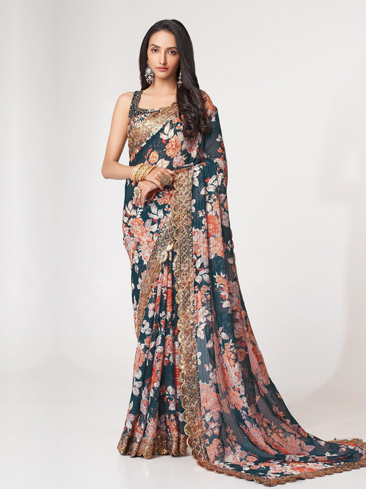 Blue Organza Zari Embroidered Printed Saree