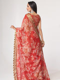 Red Embroidered Organza Printed Saree