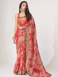 Red Embroidered Organza Printed Saree