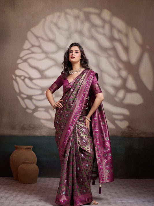 Magenta & Green Meenakari Woven Art Silk Saree