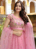 Pink Thread Embroidered Lehenga Choli In Net