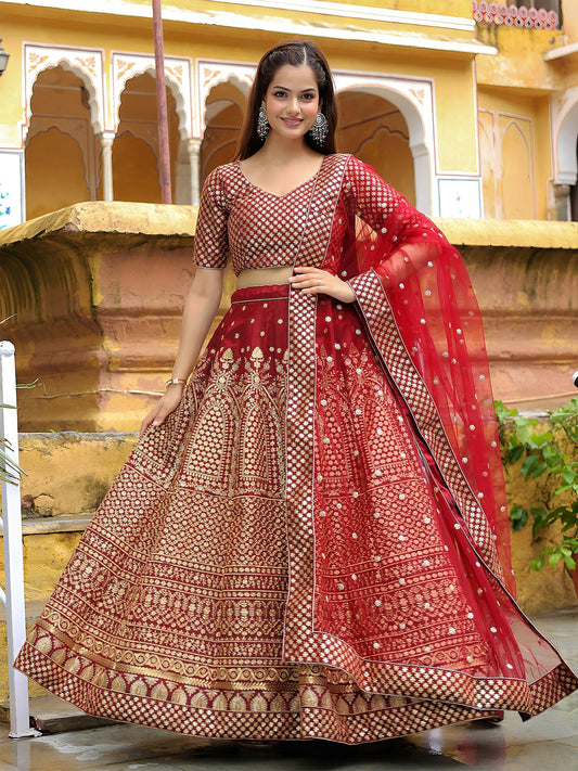 Maroon Embroidered Lehenga Choli In Silk