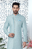 Sky Blue Jacquard Silk Indo Western Sherwani