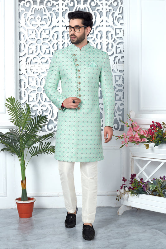 Green Jacquard Woven Indo Sherwani