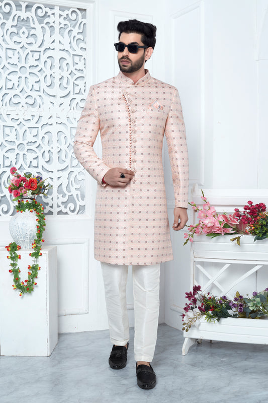 Pink Indo Western Sherwani In Jacquard
