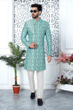 Turquoise Woven Jacquard Indo Western
