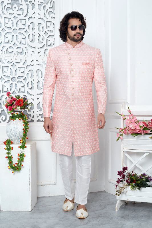 Pink Jacquard Woven Sherwani for Men