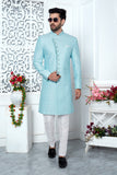 Dazzling Blue Woven Jacquard Indo Western Sherwani