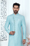Dazzling Blue Woven Jacquard Indo Western Sherwani