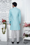 Dazzling Blue Woven Jacquard Indo Western Sherwani