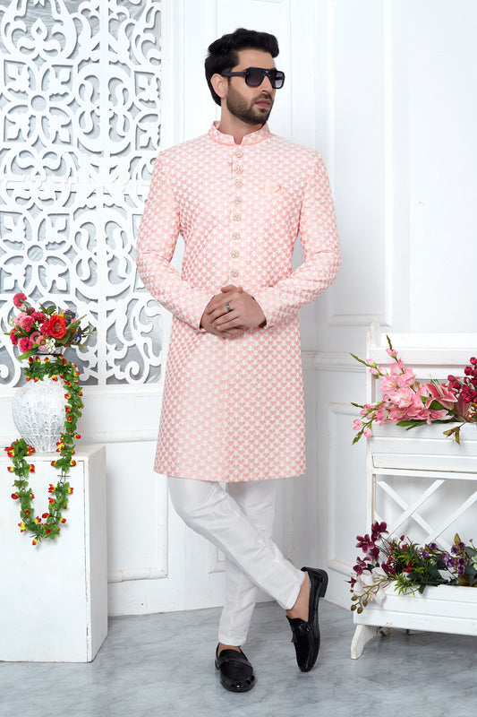 Peach Color Indo Western Sherwani In Silk