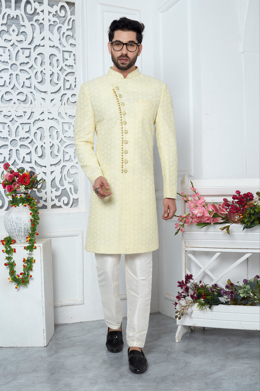 Yellow Jacquard Woven Indo Sherwani