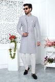 Grey Jacquard Woven Indo Sherwani