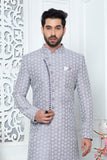 Grey Jacquard Woven Indo Sherwani
