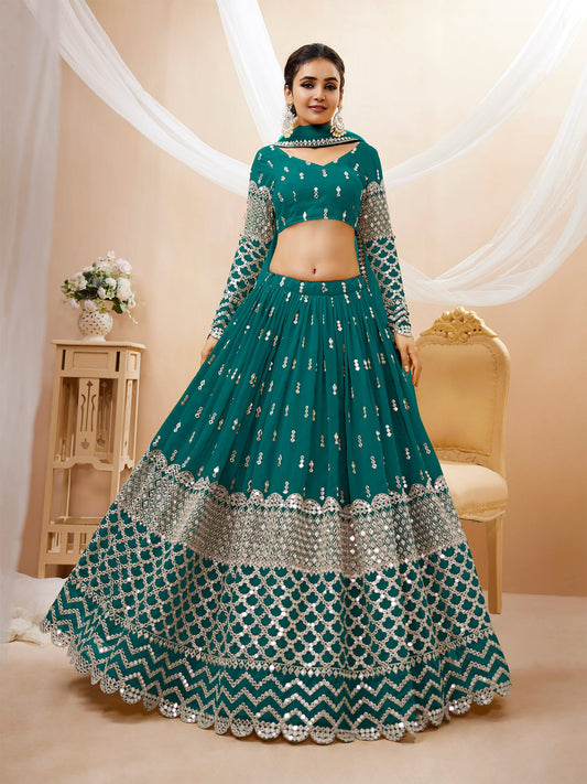 Teal Blue Sequin Embroidered Lehenga With Choli