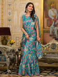 Blue Floral Digital Print Georgette Fancy Saree