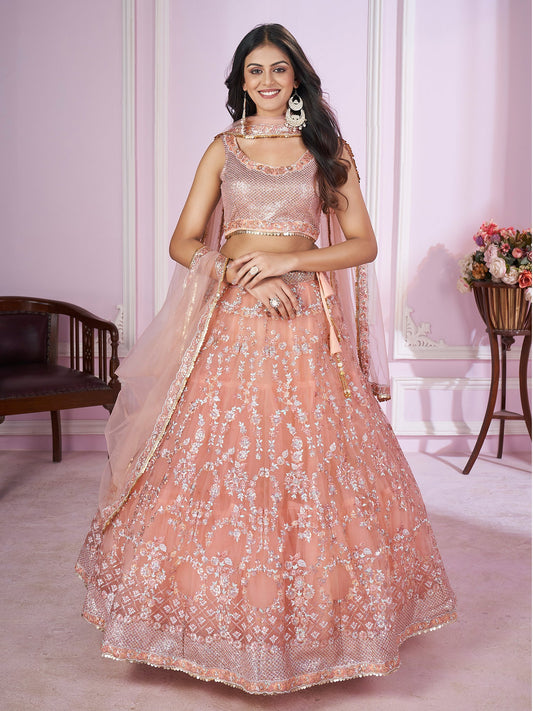Pink Zari Embroidered Party Wear Lehenga
