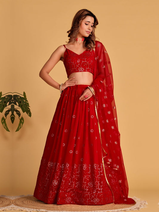 Red Sequin Emroidered Festive Lehenga Choli