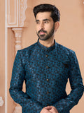 Blue Sequin Embroidered Silk Indo Sherwani