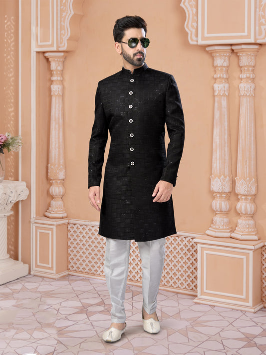 Black Silk Sequin Embroidered Indo Sherwani