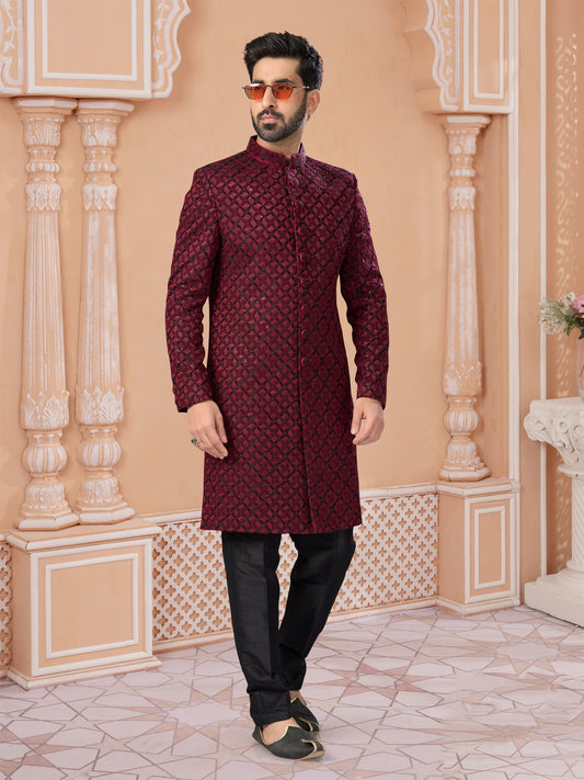Maroon Thread Embroidered Indo Sherwani Set