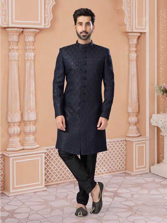 Navy Blue Thread Embroidered Indo Sherwani