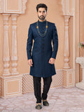 Navy Blue Silk Embroidered Indo Western Sherwani