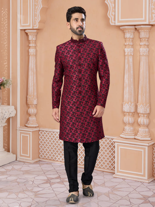 Dark Maroon Sequin Embroidered Indo Sherwani