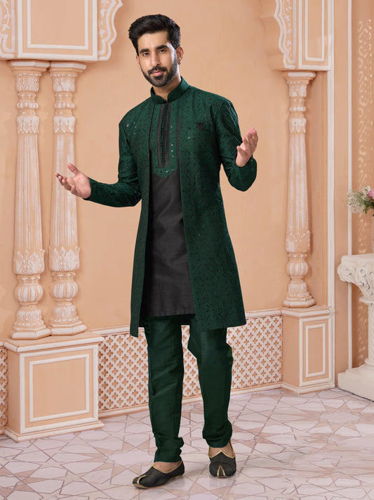 Dark Green Sequin Embroidered Indo Sherwani