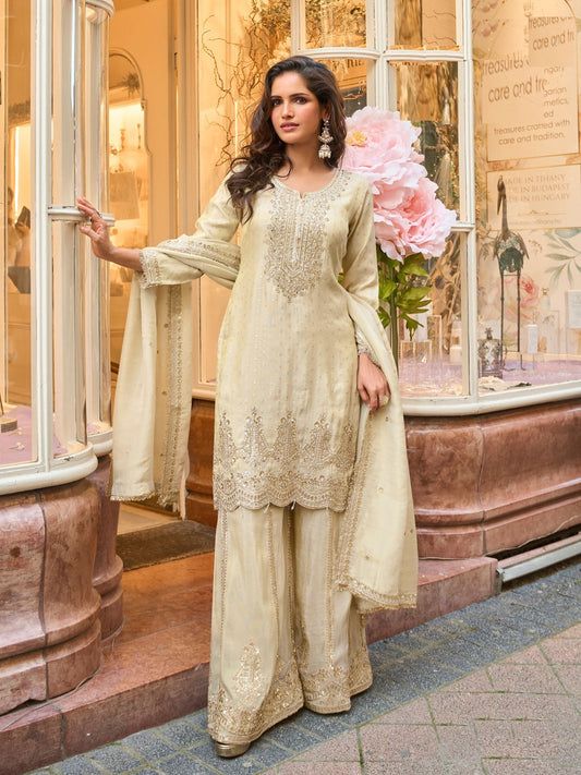 Cream Art Silk Palazzo Suit in Zari Embroidery