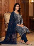 Navy Blue Abstract Printed Kurta Set in Art Silk