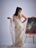 Floral Embroidered Organza Saree in Cream