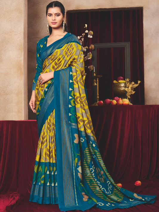 Teal Yellow Ikat Printed Tussar Silk Saree