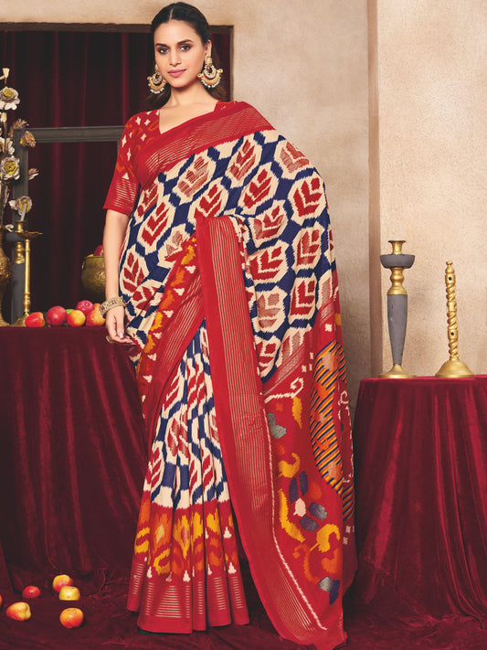 Red Ikat Printed Tussar Silk Saree