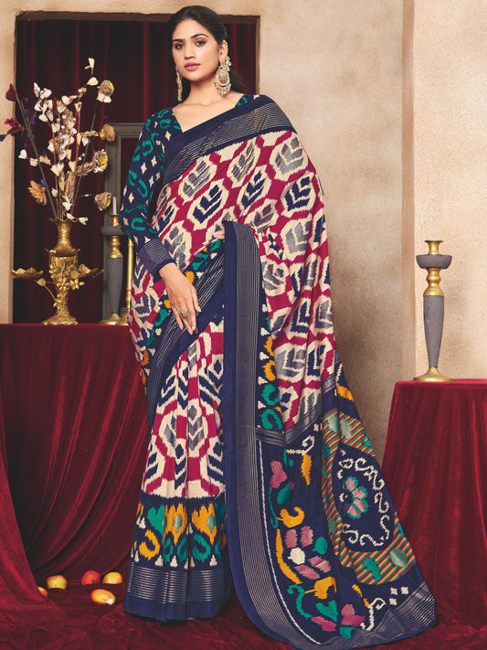 Navy Blue Ikat Printed Tussar Silk Saree