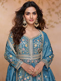 Festive Blue Embroidered Kurta Palazzo Set