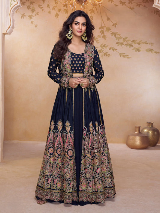 Navy Blue Embroidered Choli with Skirt & Jacket