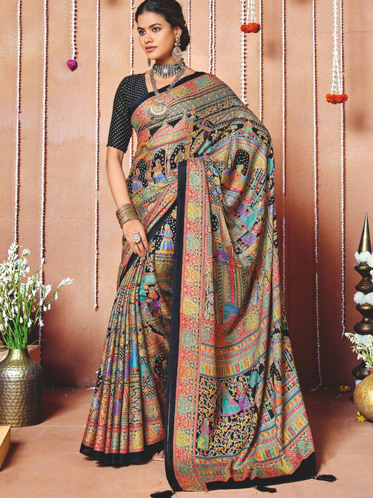 Black Festival Wear Art Silk Printed Saree