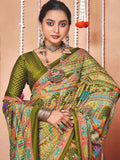 Olive Green Ethnic Print Art Silk Saree