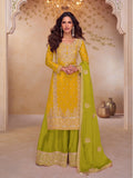 Yellow Embroidered Palazzo Suit Set in Art Silk