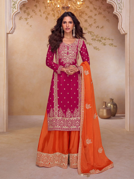 Pink Embroidered Palazzo Suit Set in Art Silk