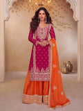Pink Embroidered Palazzo Suit Set in Art Silk