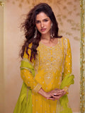 Yellow Embroidered Palazzo Suit Set in Art Silk