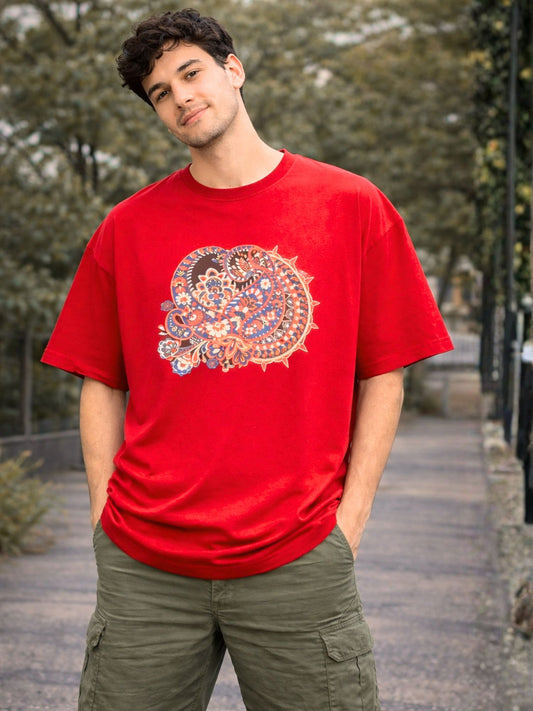 Men's Red Boho Graphic Printed Oversized T-Shirt