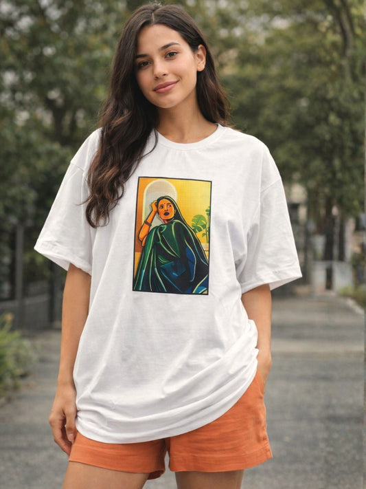 White Graphic Printed Oversized T-Shirt for Women's