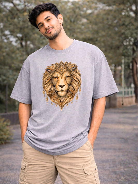 Men's Grey Regal Lion Graphic Printed Oversized T-Shirt